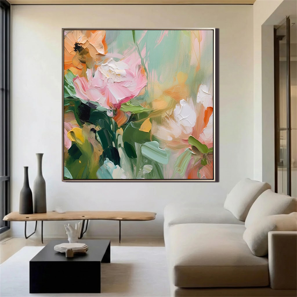 Pastel Whisper – Hand-Painted Impressionist Pink and Sage Green Palette Knife Floral Painting | Tropical Botanical Bedroom & Dining Room Art
