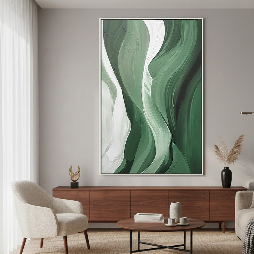 SAGE RHYTHM: Texture Wall Art, Hand-Painted Sage Green and Olive Wave Palette Knife 3D Impasto Studio Art