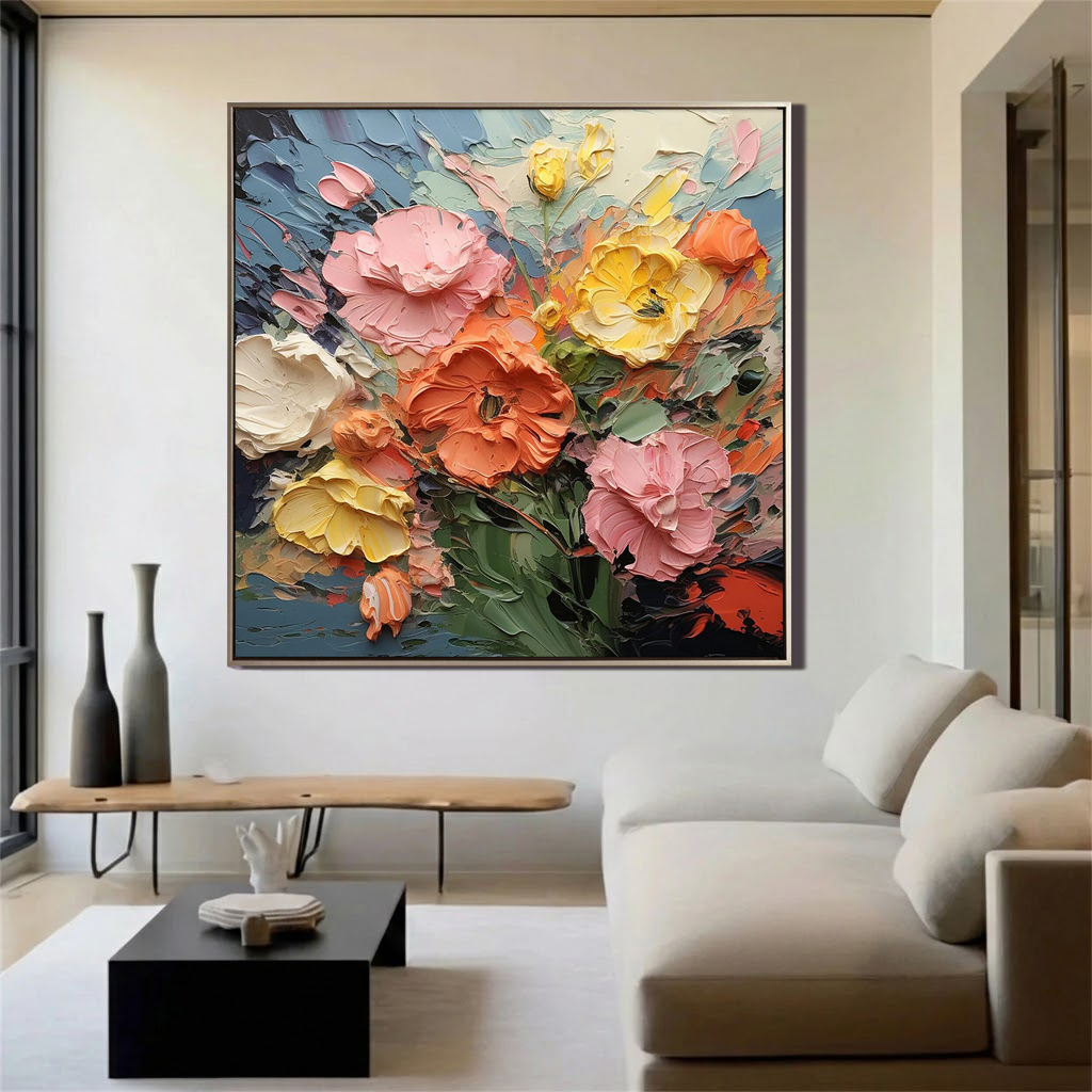 Vibrant Bloom – Hand-Painted Multicolored Yellow and Orange Heavy Texture Palette Knife Floral Painting | Vibrant Botanical Living Room & Dining Room Art