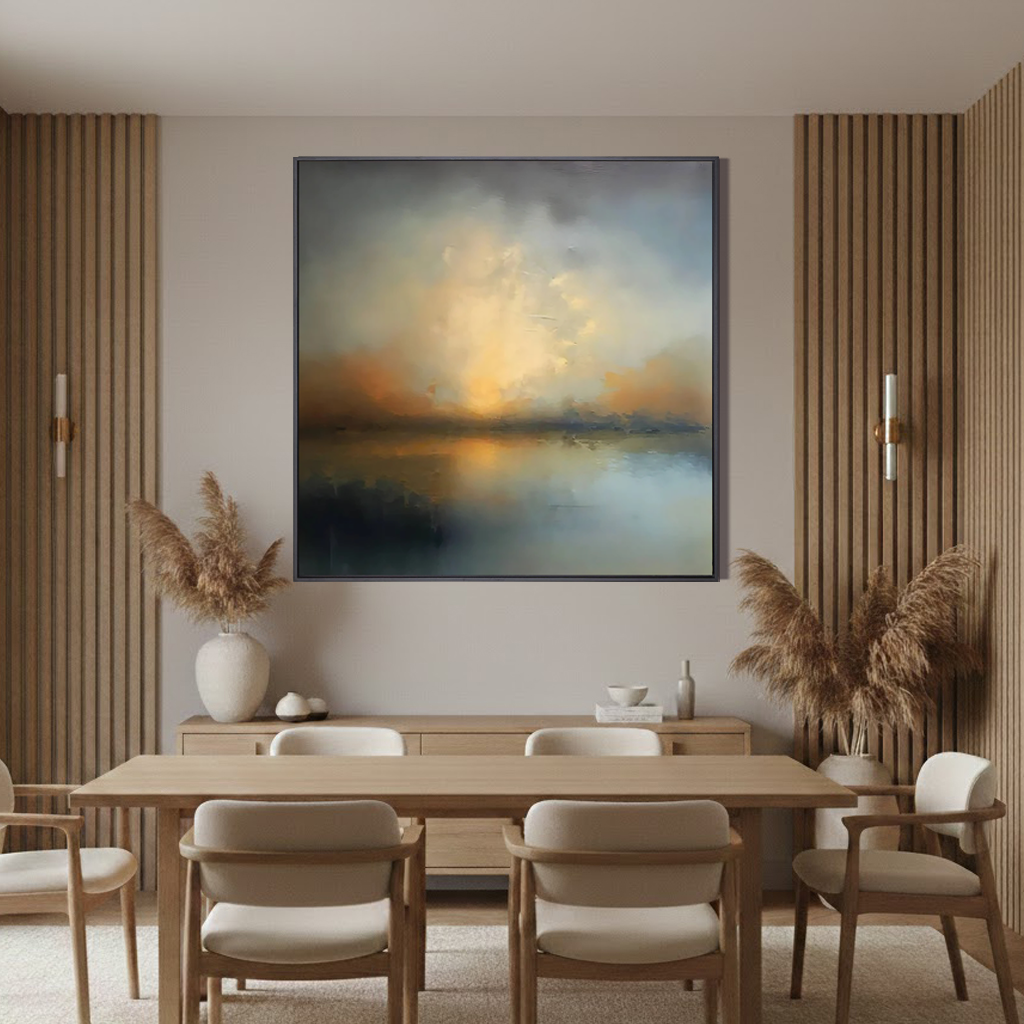 Glowing Horizon – Hand-Painted Atmospheric Sunset Lake Abstract Landscape Painting | Contemporary Landscape Living Room & Dining Room Art