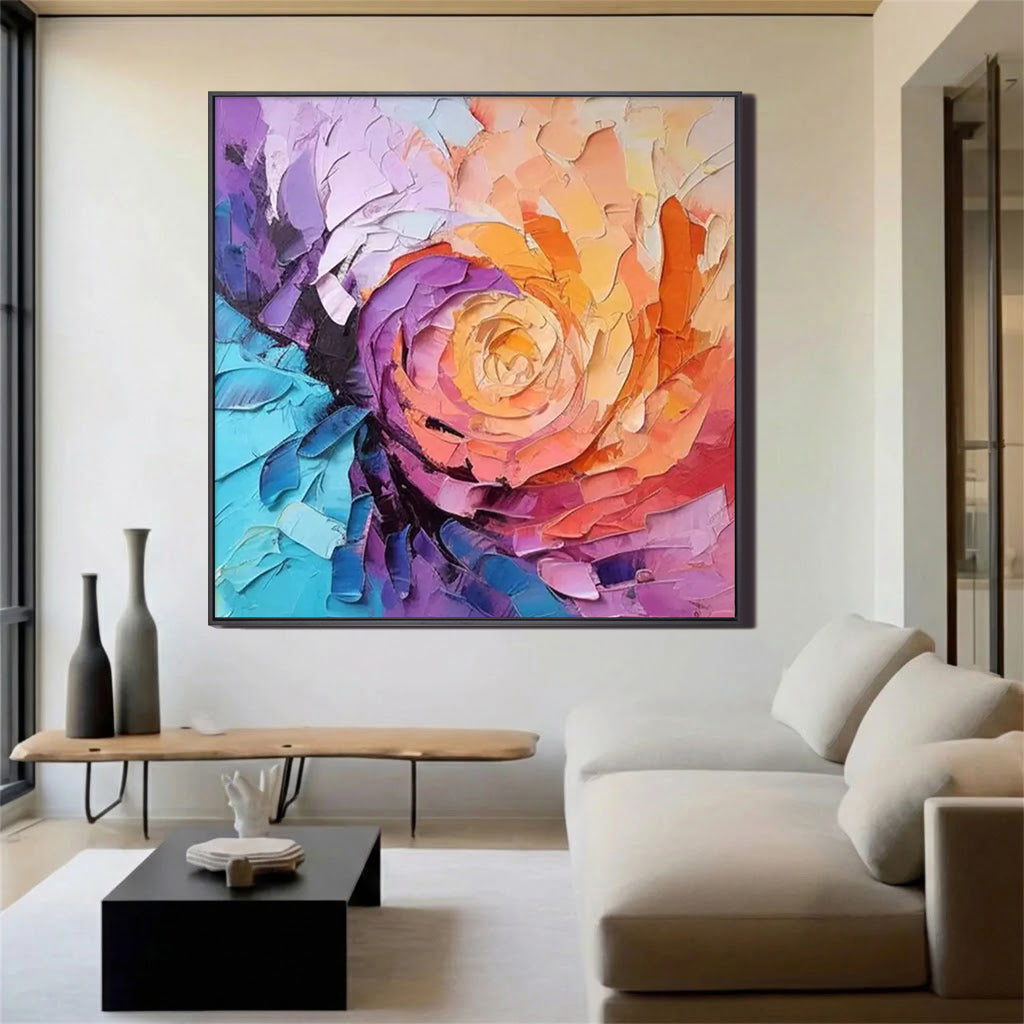 VORTEX BLOOM: Square 3D Heavy Texture Abstract Wall Art, Vibrant Rainbow Palette Knife Canvas