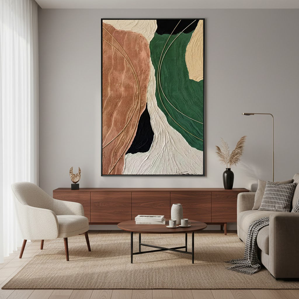 Terra Rhythm – Mid-Century Modern Green and Terracotta Painting | Abstract Textured Living Room Art