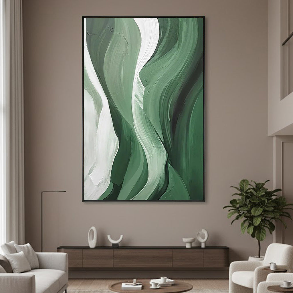 SAGE RHYTHM: Texture Wall Art, Hand-Painted Sage Green and Olive Wave Palette Knife 3D Impasto Studio Art