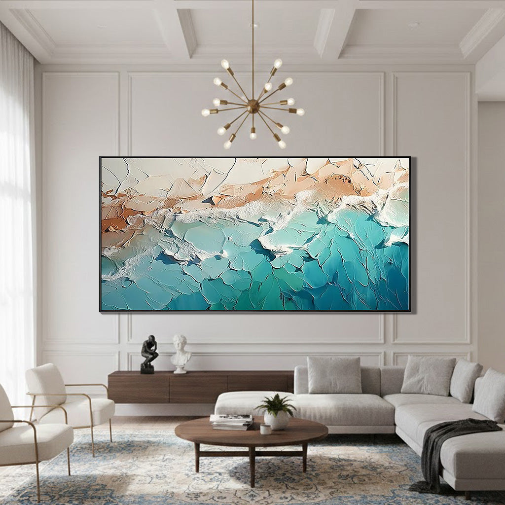 EMERALD COAST: Texture Wall Art, Hand-Painted Horizontal Emerald Green and Sand Plaster Relief 3D Heavy Texture Studio Art