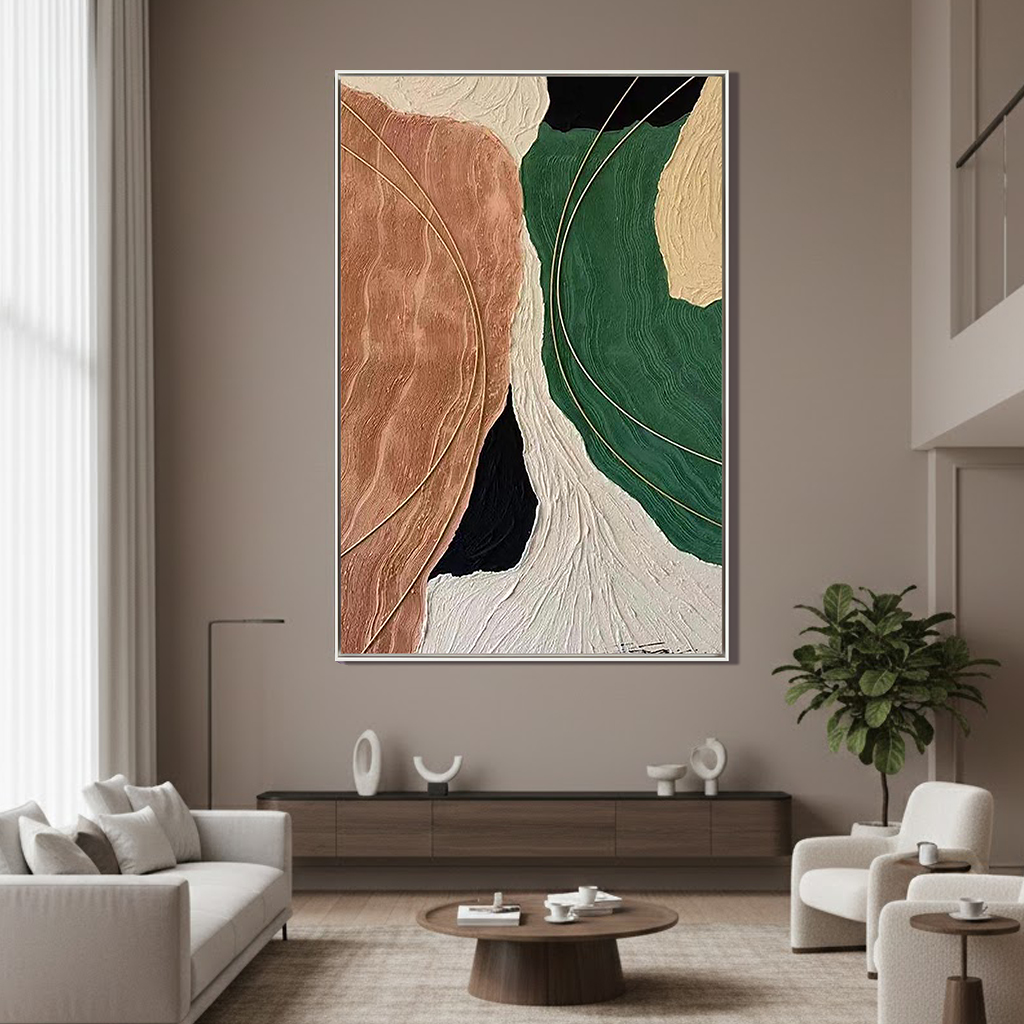 Terra Rhythm – Mid-Century Modern Green and Terracotta Painting | Abstract Textured Living Room Art