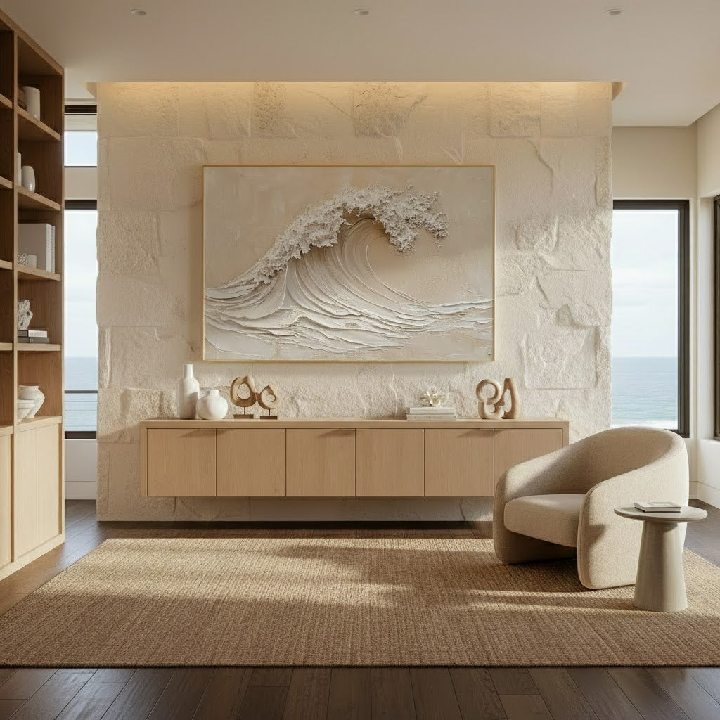 IVORY SURGE: Texture Wall Art, Hand-Painted Horizontal Creamy White Ocean Wave Plaster Relief 3D Heavy Texture Studio Art