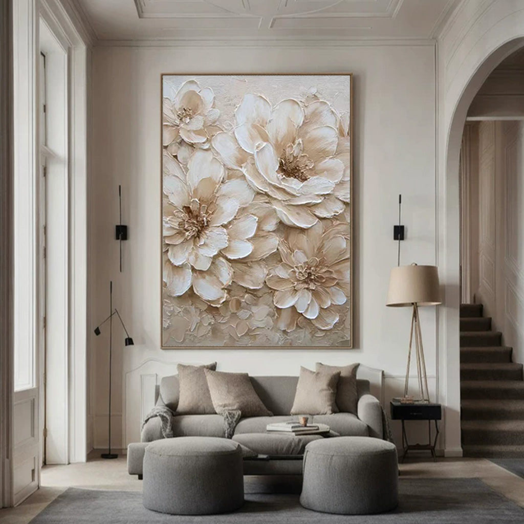 IVORY PETALS: Flower-Tree Art, Hand-Painted Creamy White Floral Plaster Relief 3D Heavy Texture Gallery Art