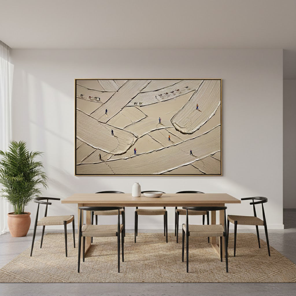 URBAN PATHWAYS: Texture Wall Art, Hand-Painted Horizontal Oatmeal Wide Brushstroke Plaster Relief 3D Heavy Texture Gallery Art