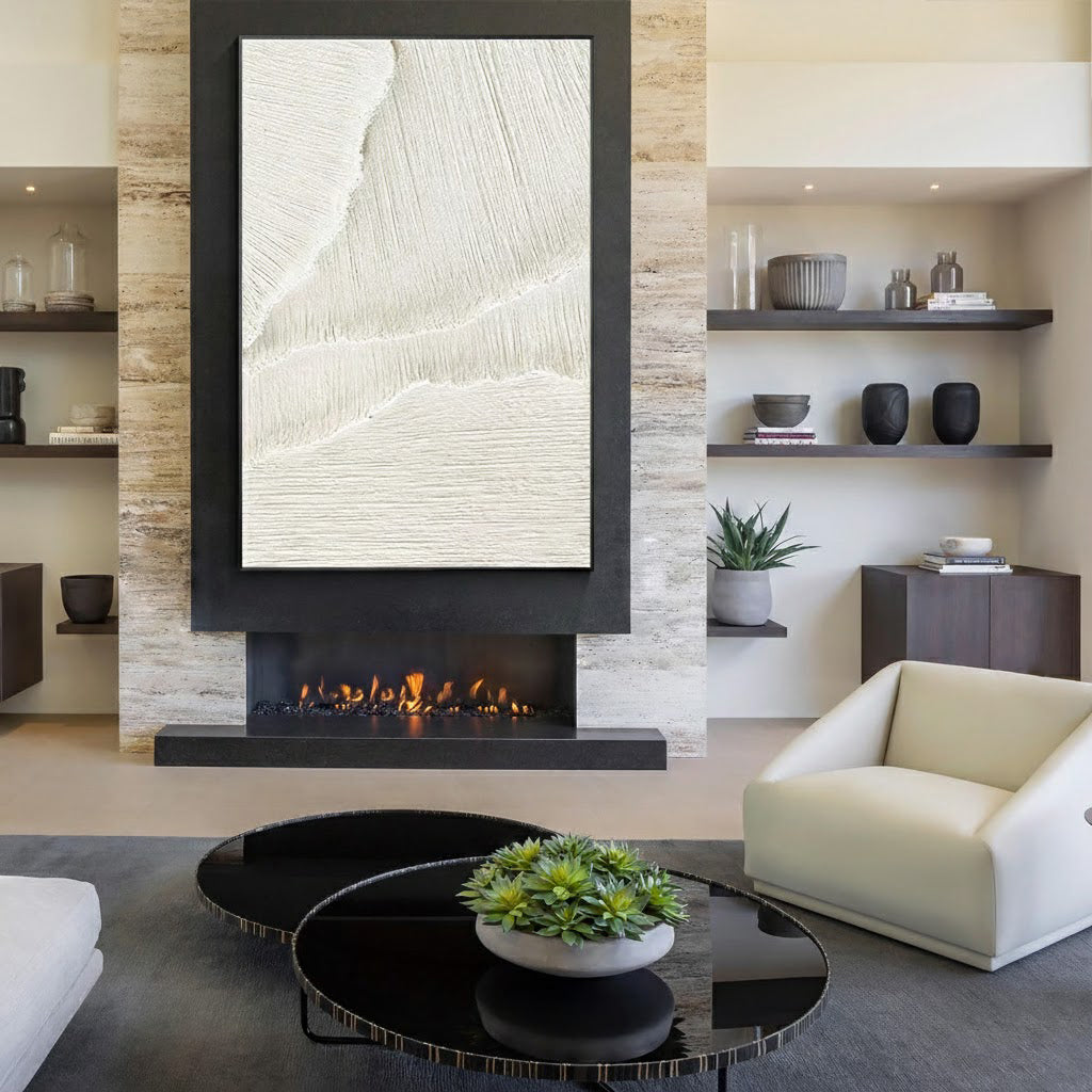 Oatmeal Strata – Minimalist Beige Linear Abstract Plaster Relief Painting | Minimalist Sculpted Plaster Studio Art