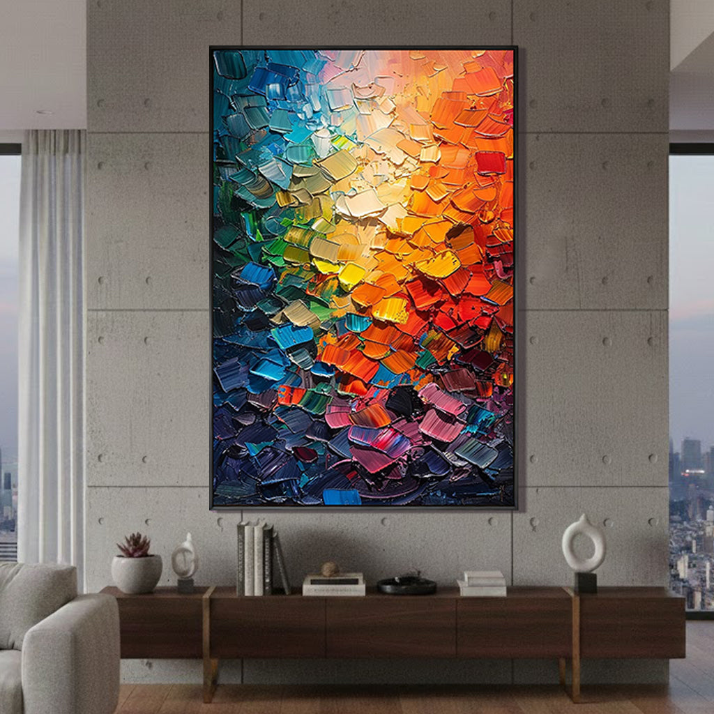 Prism Spectrum – Hand-Painted Multicolored Rainbow Palette Knife Abstract Painting | Bold Abstract Palette Knife Living Room Art