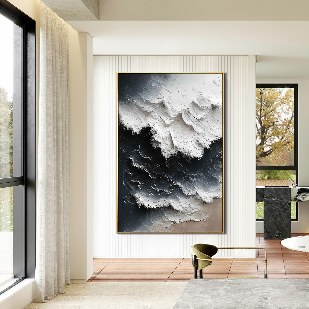 Arctic Surge – Hand-Painted Deep Navy and White Sea Foam 3D Nature Painting | Coastal Modern Living Room & Bedroom Art