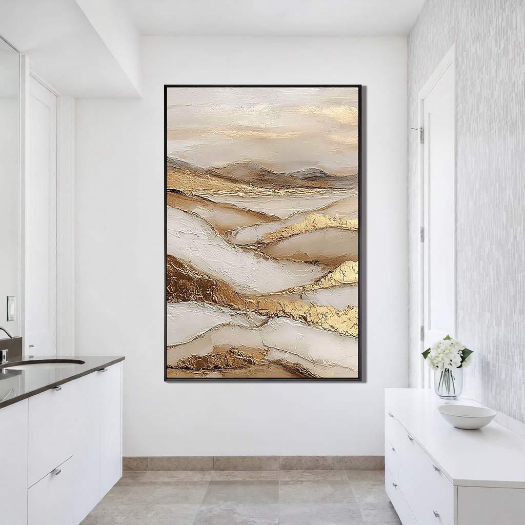 Golden Ridges – Wabi-Sabi Minimalist Earth Tone Impasto Painting | Luxury Textured  Living Room Art