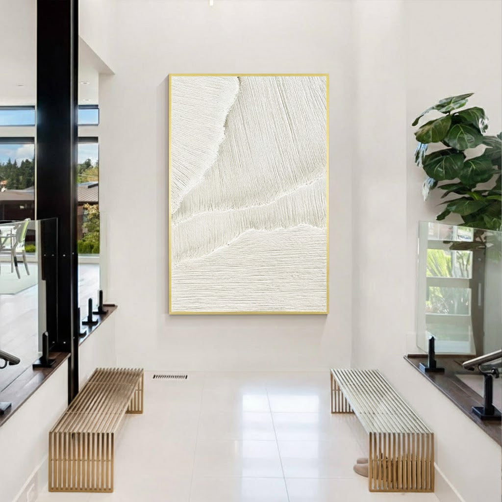 Oatmeal Strata – Minimalist Beige Linear Abstract Plaster Relief Painting | Minimalist Sculpted Plaster Studio Art