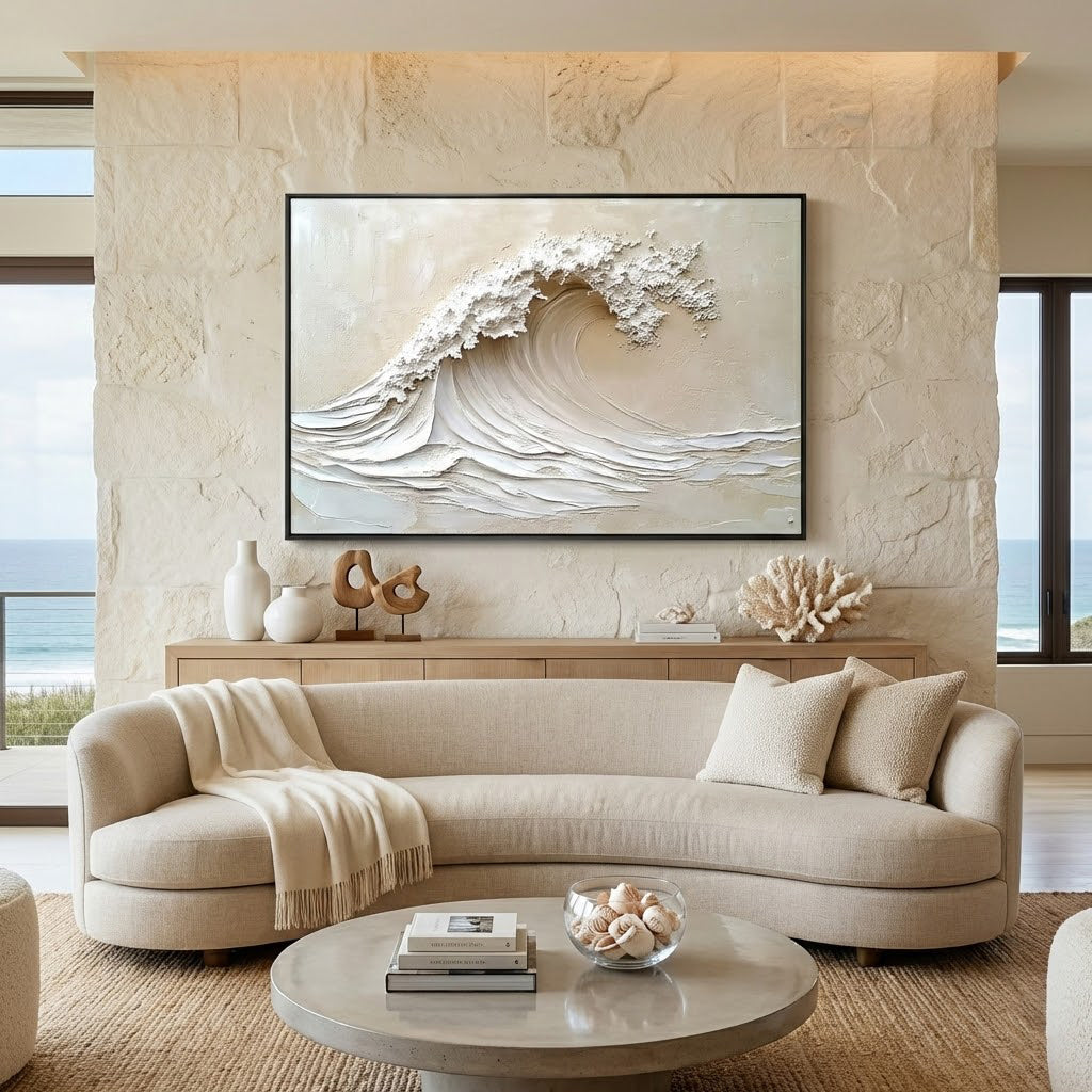 IVORY SURGE: Texture Wall Art, Hand-Painted Horizontal Creamy White Ocean Wave Plaster Relief 3D Heavy Texture Studio Art