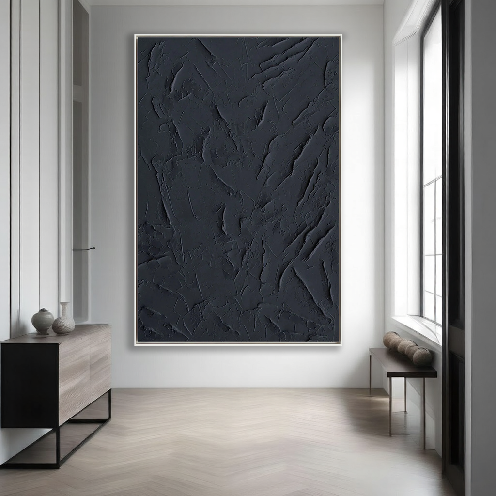 Onyx Silence – Minimalist Deep Black Abstract Plaster Relief Painting | Minimalist Sculpted Plaster Studio Art