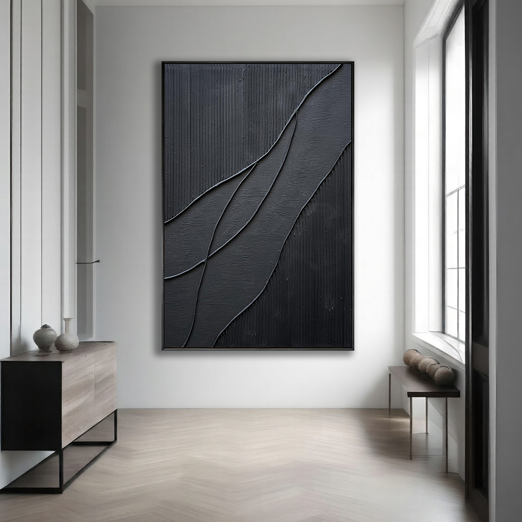 Midnight Flow – Minimalist Black Wave Relief Texture Painting | Modern Minimalist Bedroom & Home Office Art