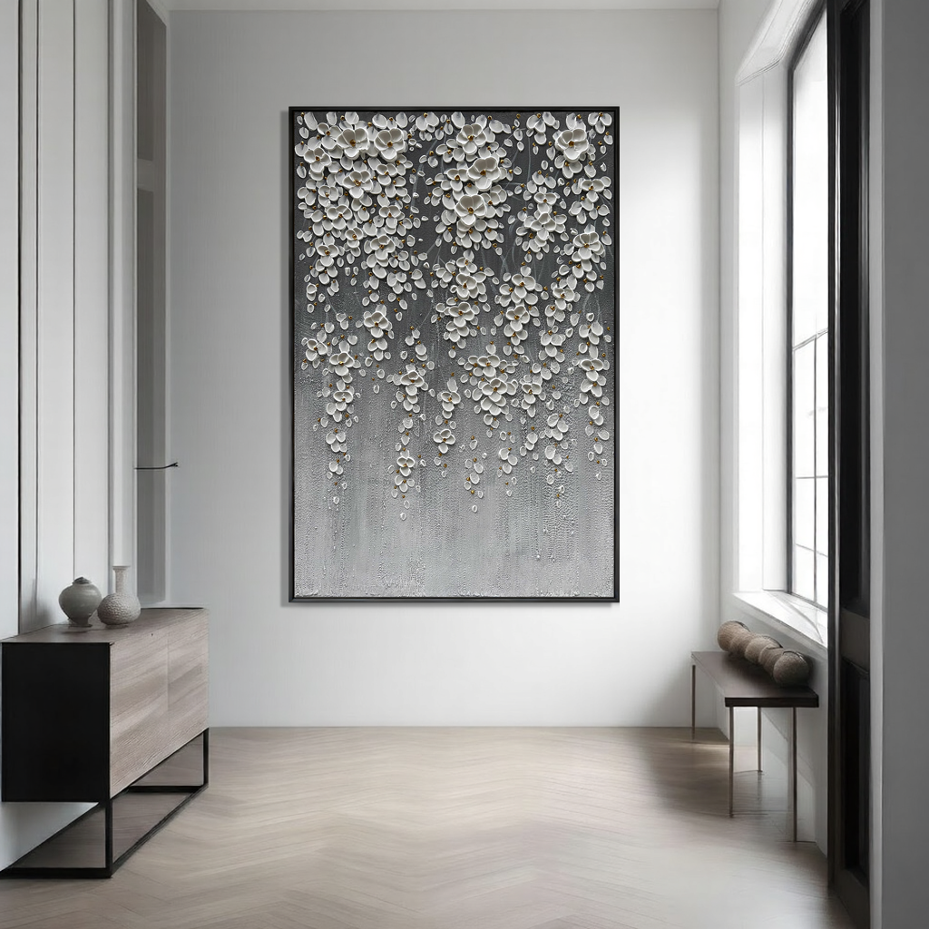 Cascading Bloom – Ombre Grey Floral Relief Texture Painting | Contemporary Botanical Bedroom & Living Room Art