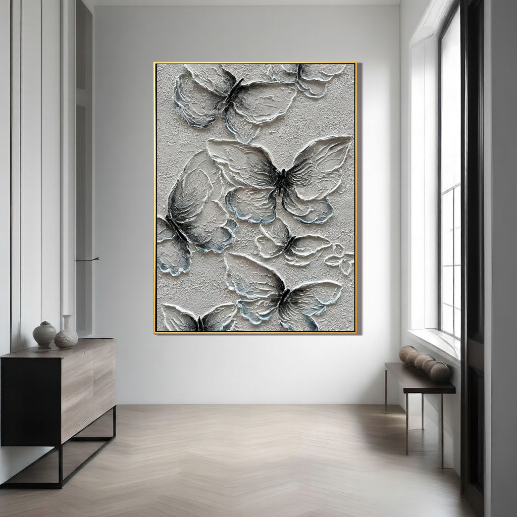 Gossamer Wings – White Plaster Animal Relief Texture Painting | Contemporary Plaster Texture Living Room & Office Art