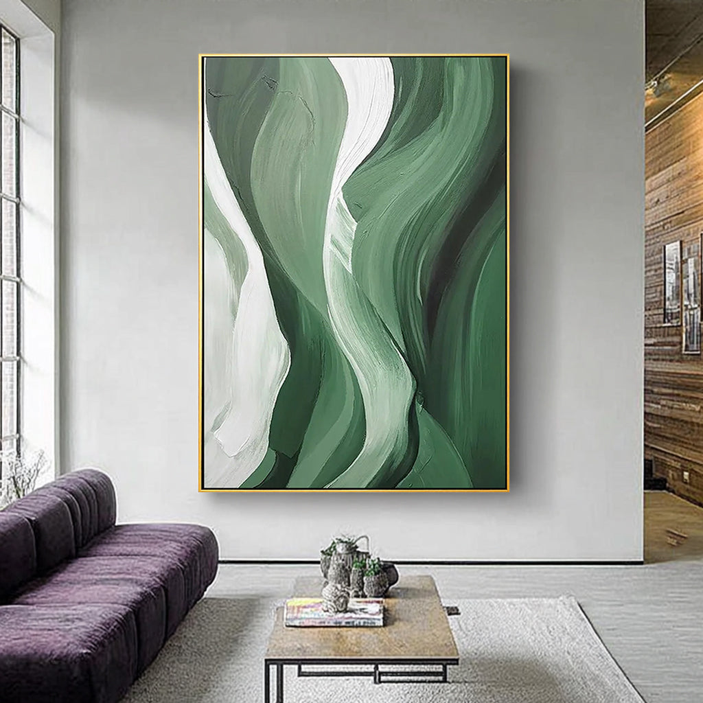 SAGE RHYTHM: Texture Wall Art, Hand-Painted Sage Green and Olive Wave Palette Knife 3D Impasto Studio Art