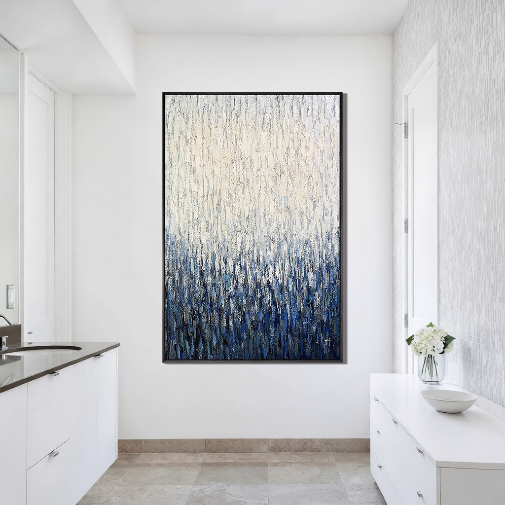 Azure Rain – 3D Heavy Texture Blue & White Pointillism Relief Abstract Painting | Modern Abstract Living Room & Office Art