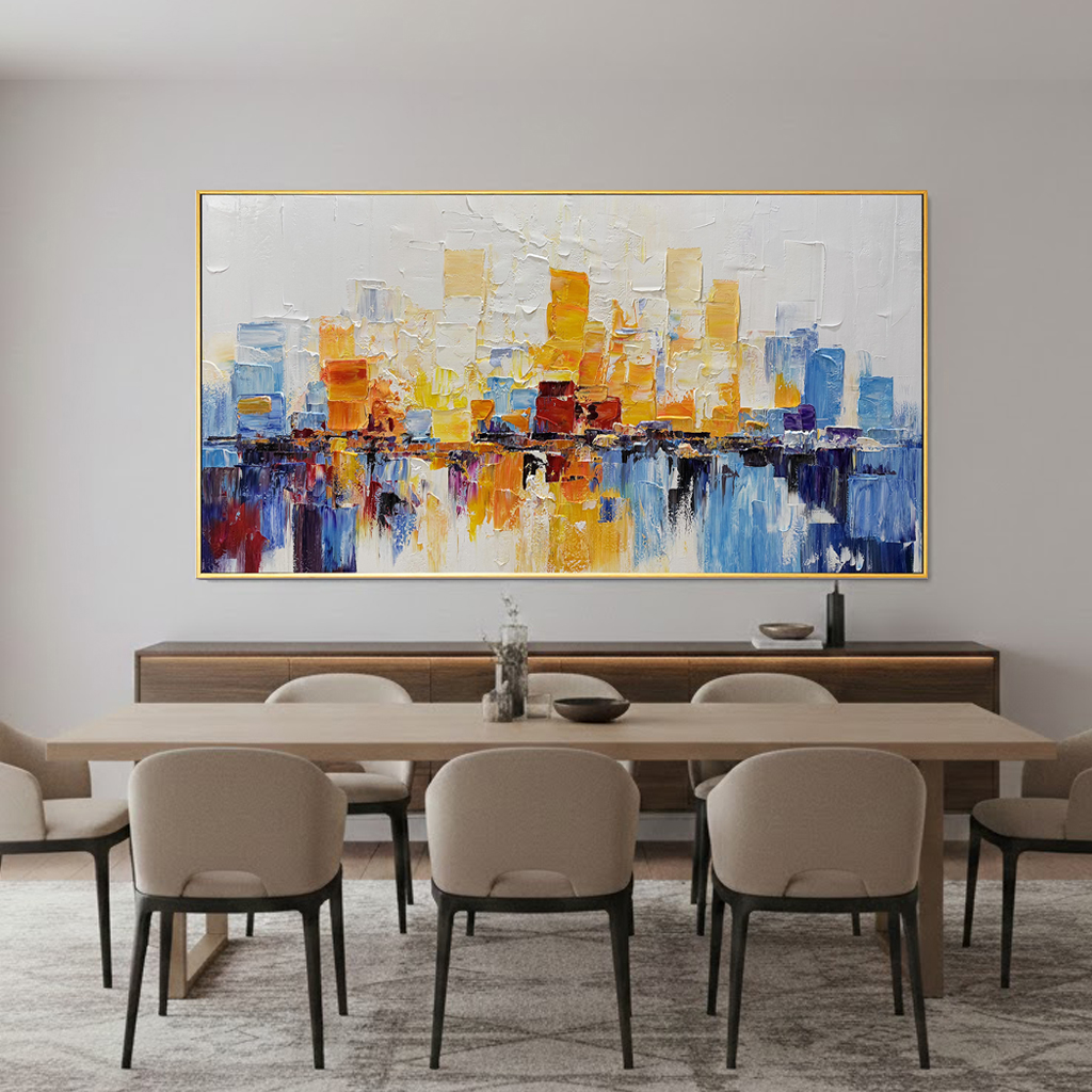 Urban Silhouette – Hand-Painted Yellow and Blue Cityscape Abstract Texture Painting | Modern Abstract Living Room & Office Art