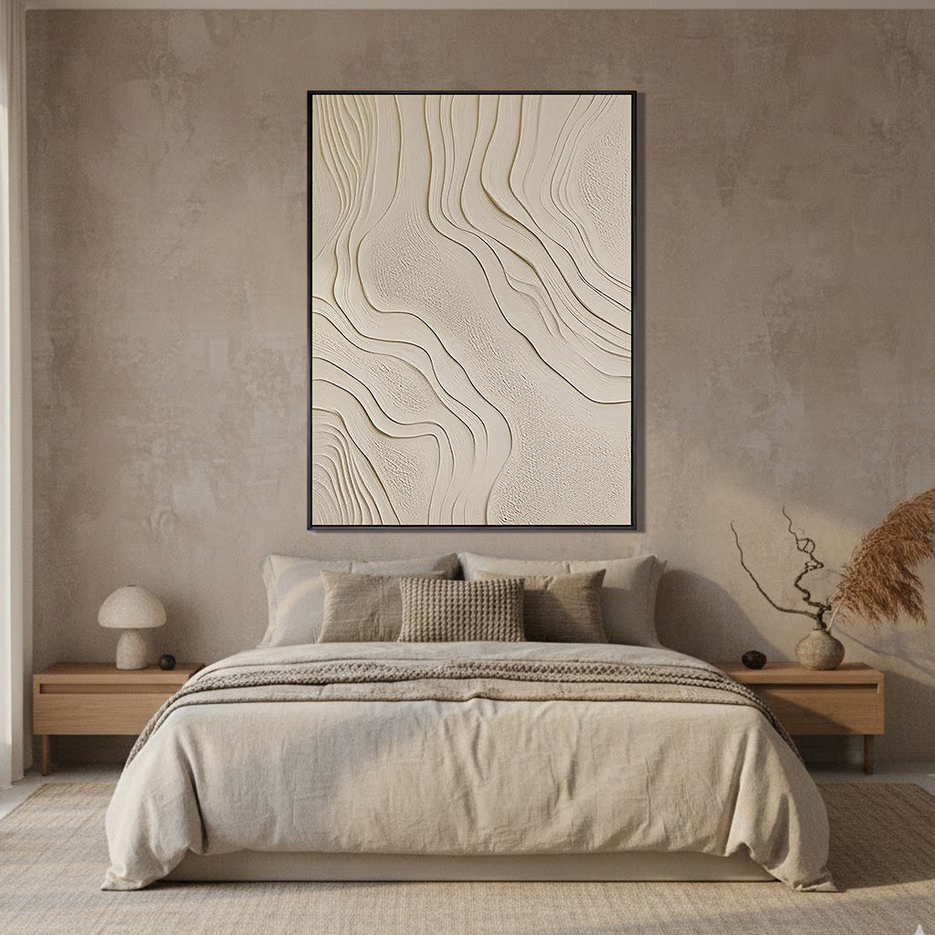 Zen Ripple – Hand-Painted Minimalist Beige Organic Wave Line 3D Plaster Effect Relief Wabi-Sabi Painting | Japandi Organic Wabi-Sabi Living Room & Hallway Art