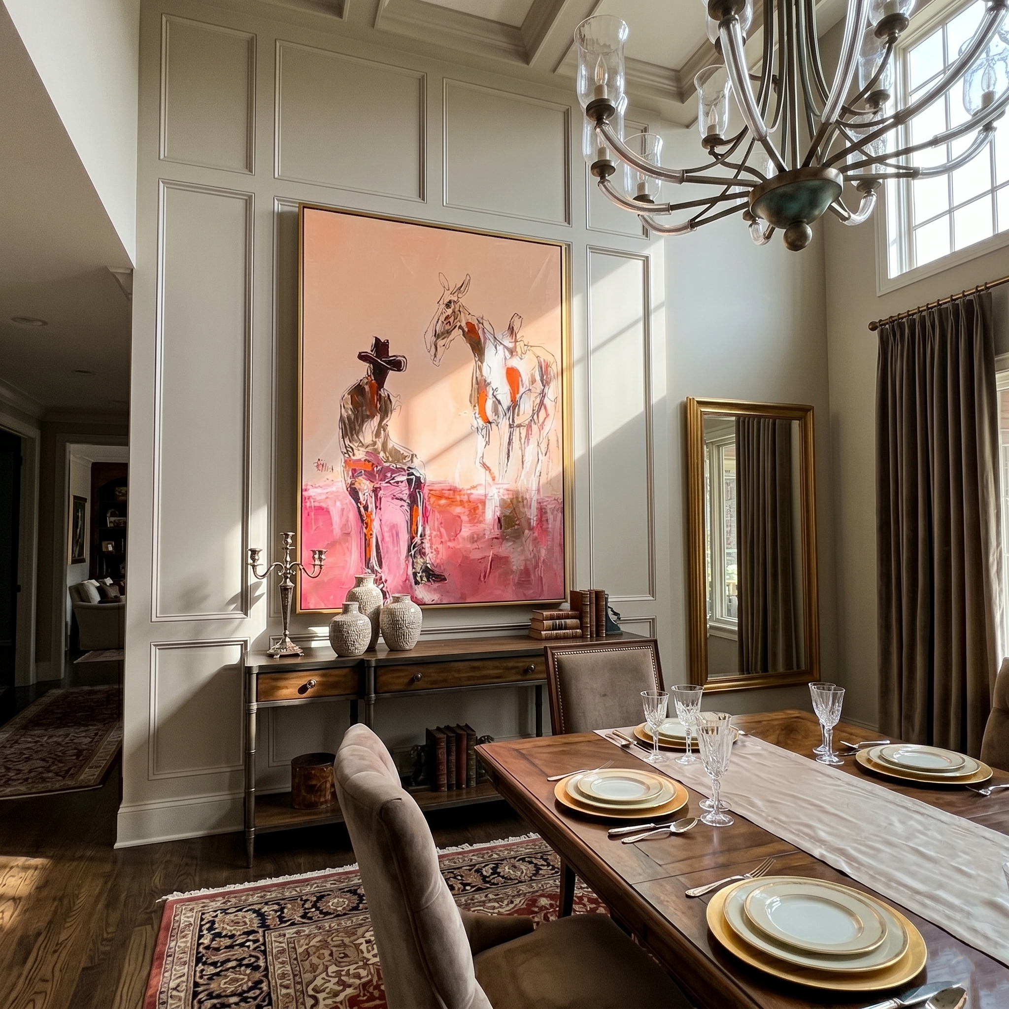 Dust Trail – Western Cowboy & Pinto Horse Painting | Vintage Americana Vertical Art