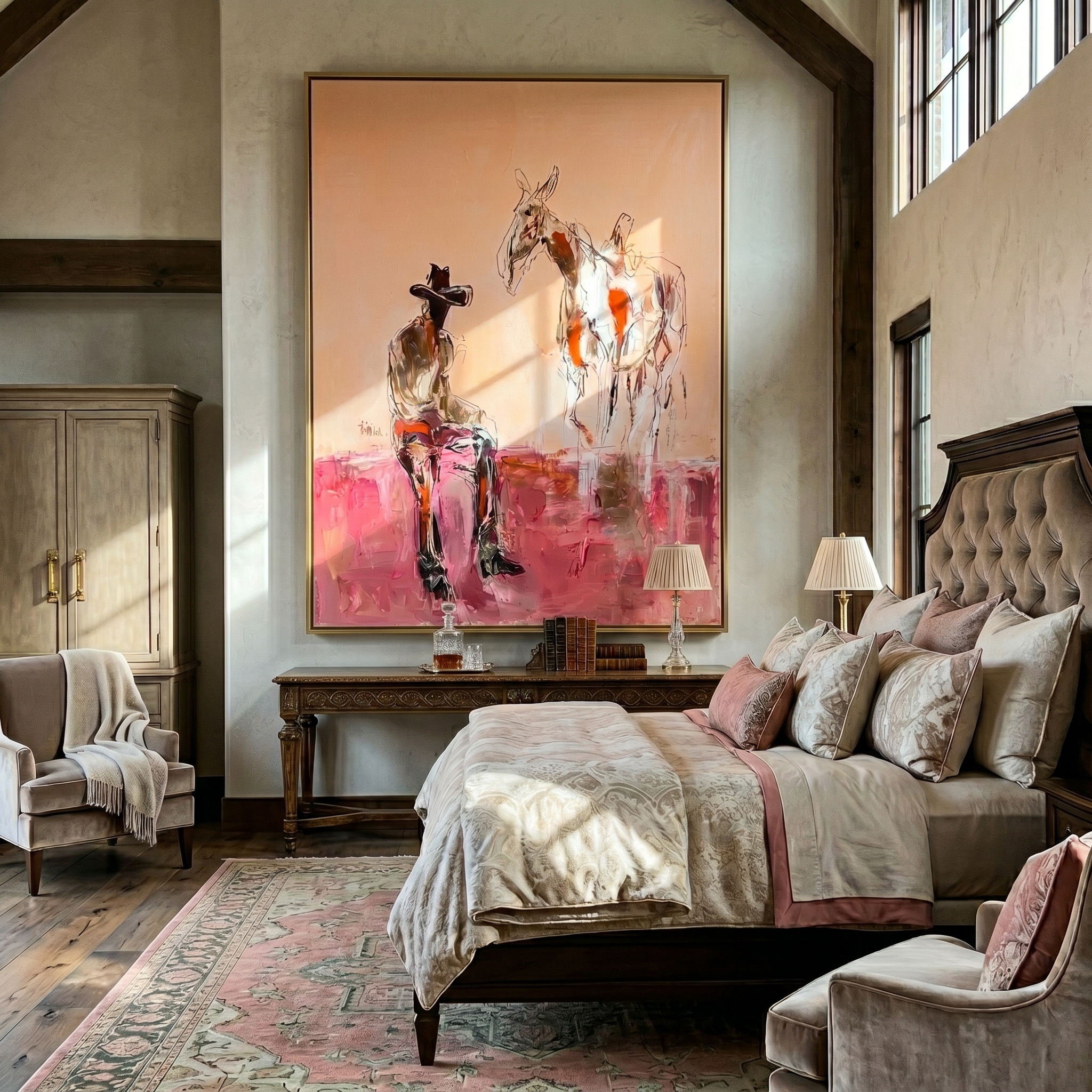 Dust Trail – Western Cowboy & Pinto Horse Painting | Vintage Americana Vertical Art