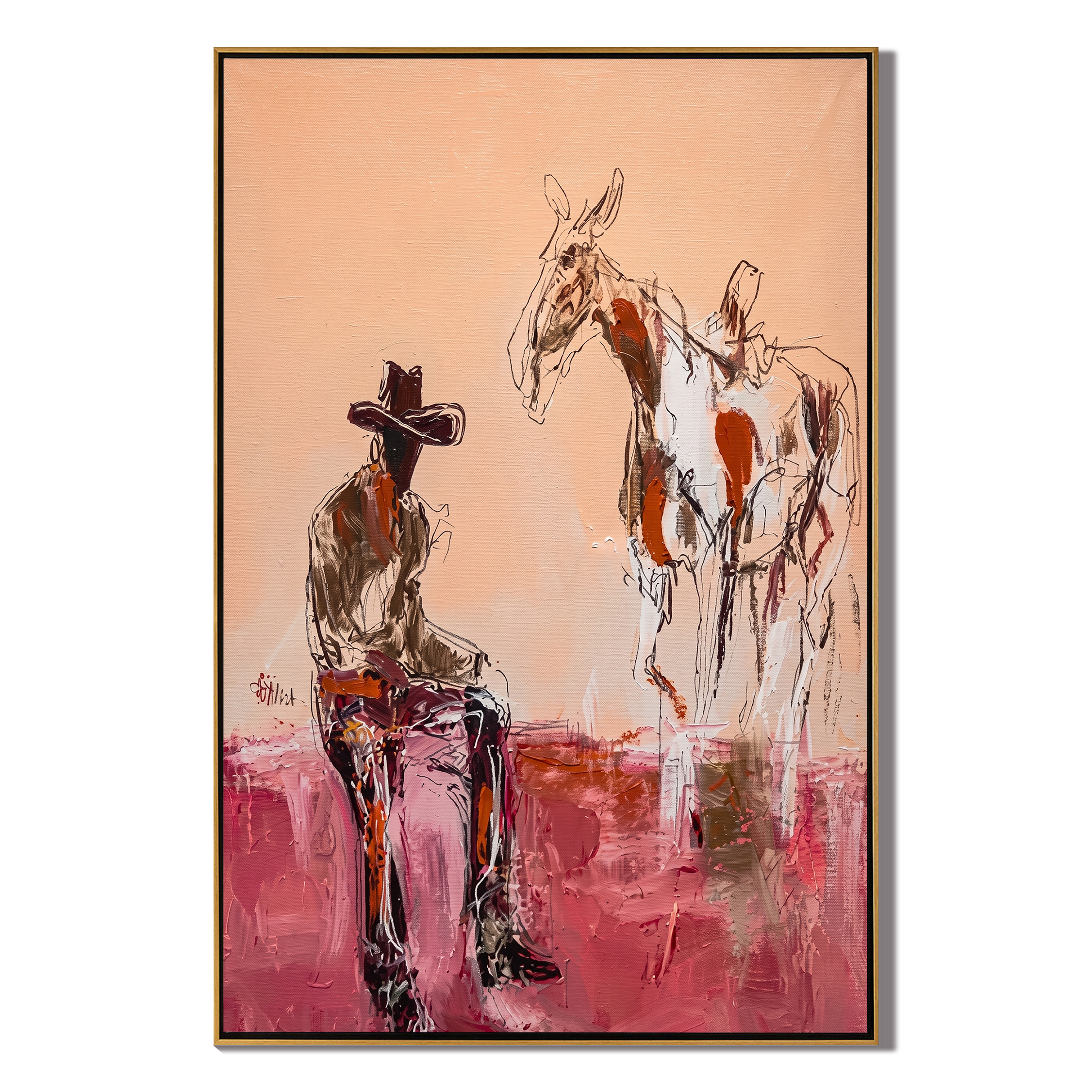 Dust Trail – Western Cowboy & Pinto Horse Painting | Vintage Americana Vertical Art