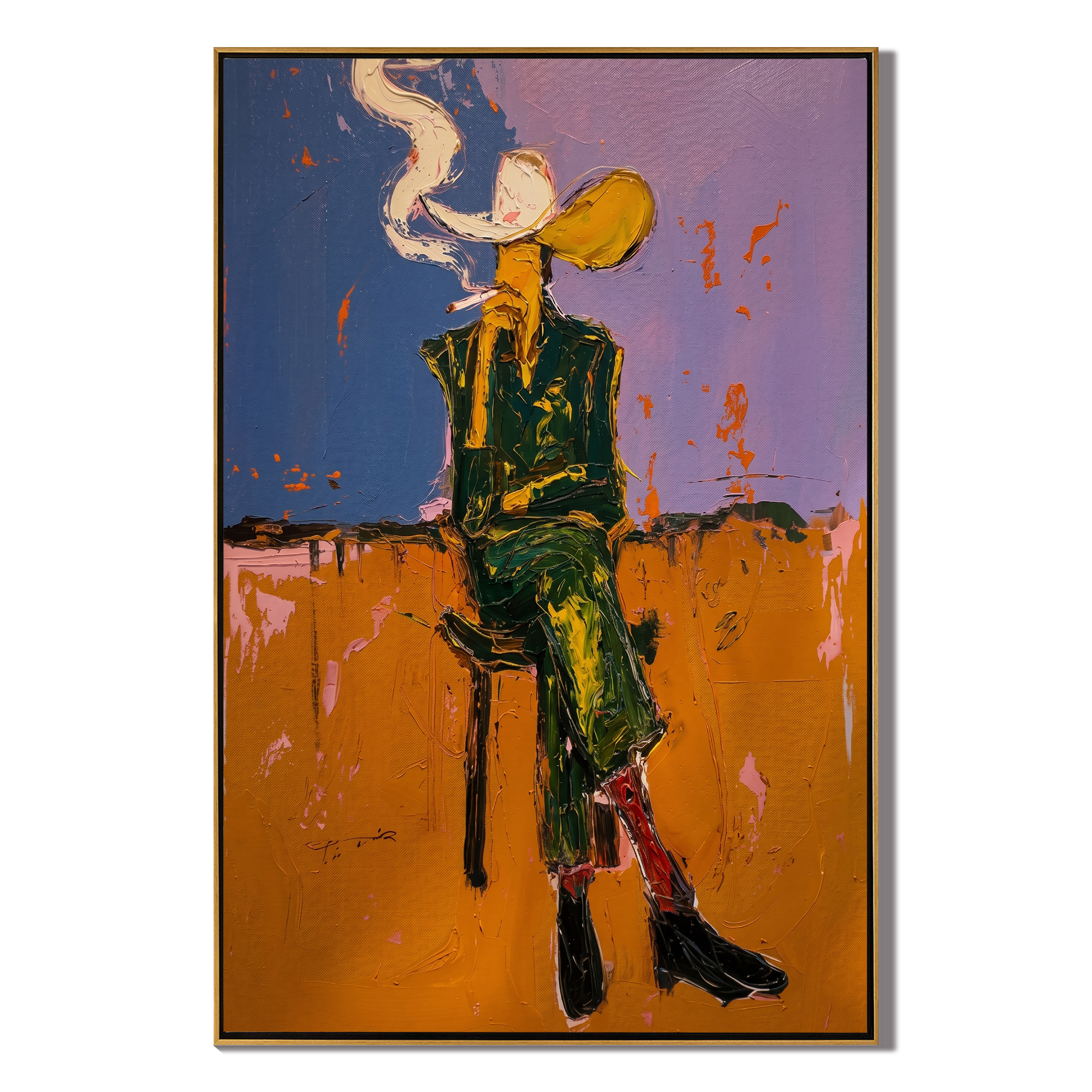 Prairie Smoke – Cowboy Under Blue Sky Painting | Vintage Americana Vertical Art