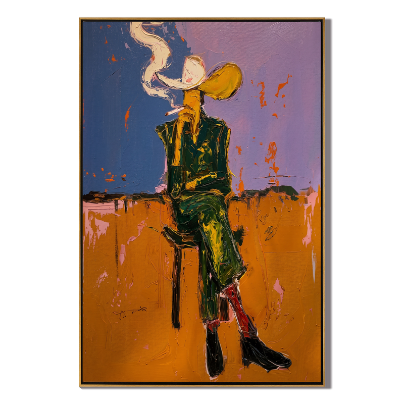 Prairie Smoke – Cowboy Under Blue Sky Painting | Vintage Americana Vertical Art
