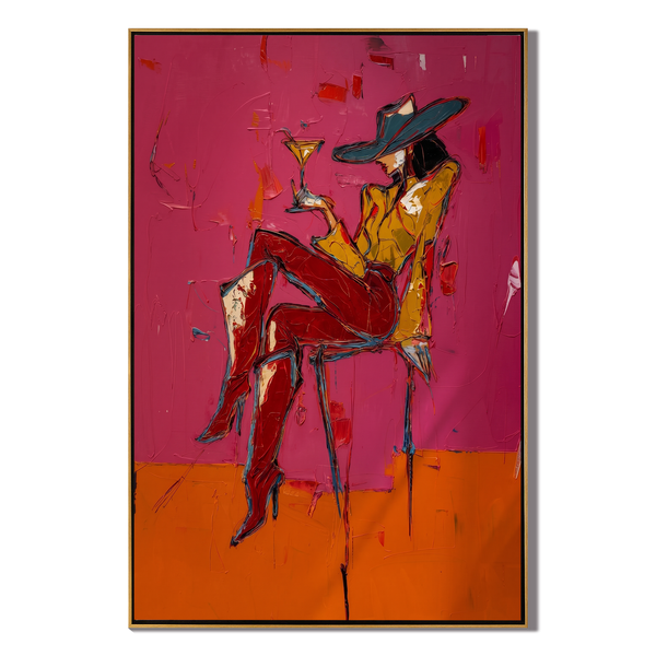 Magenta Hour – Woman with Cocktail Portrait Painting | Vintage Americana Vertical Art