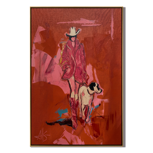 Best Companion – Cowgirl with White Dog Painting | Vintage Americana Vertical Art