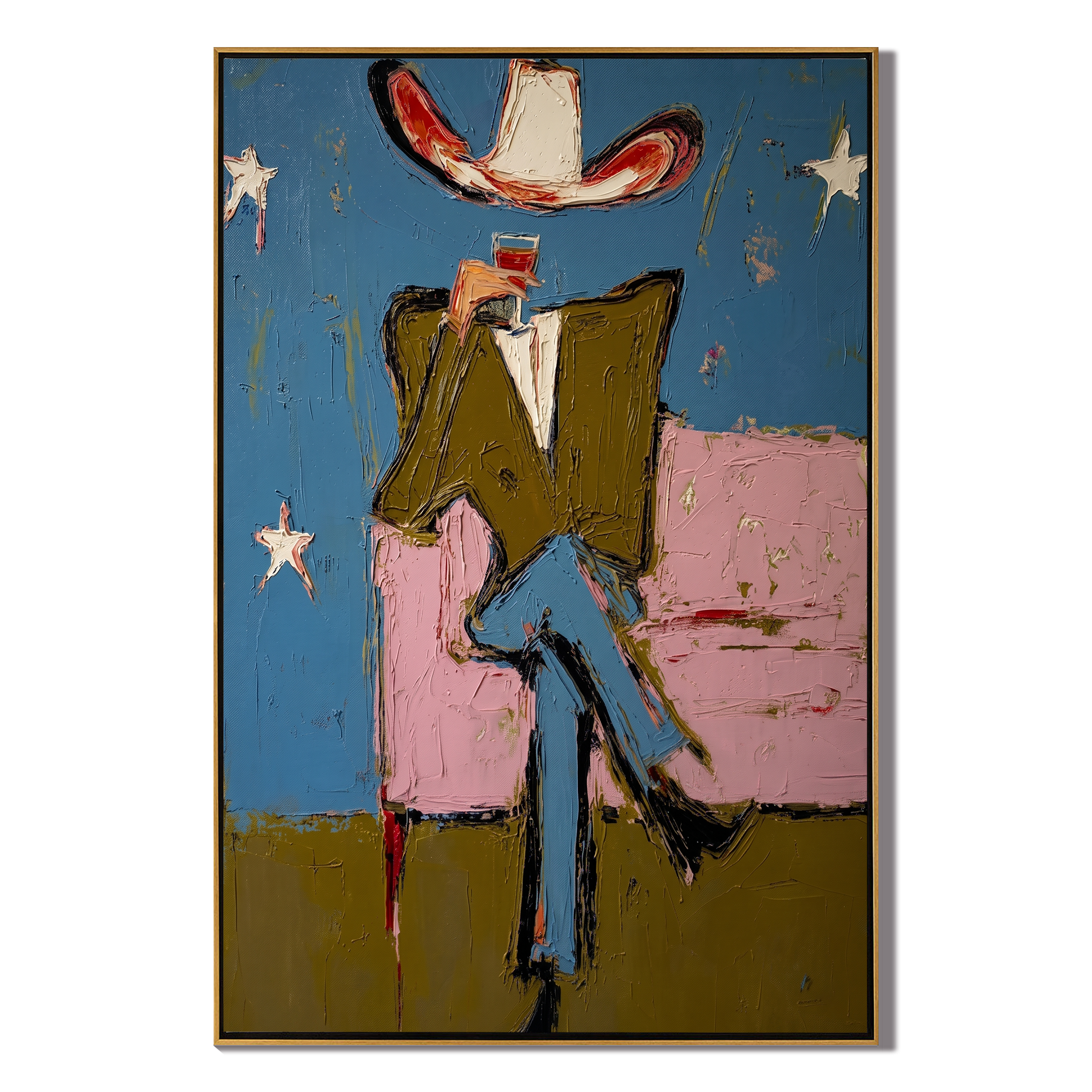 Starlit Lounge – Surrealist Cowboy on Pink Sofa Painting | Vintage Americana Vertical Art