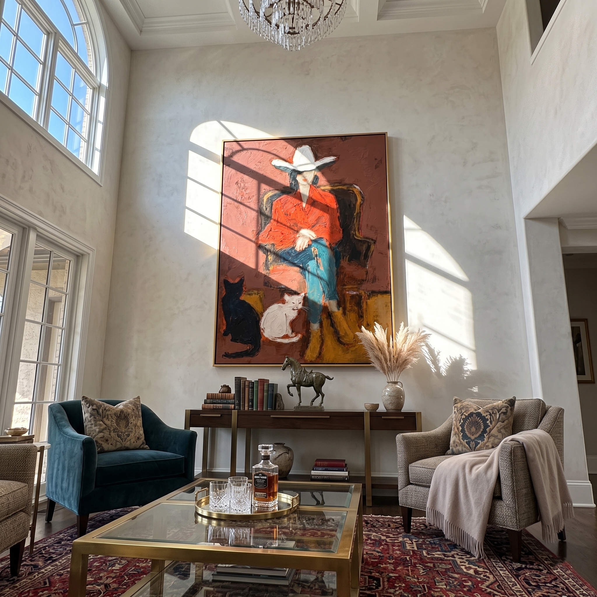 Wild Companions – Cowgirl with Cats Painting | Vintage Americana Vertical Art