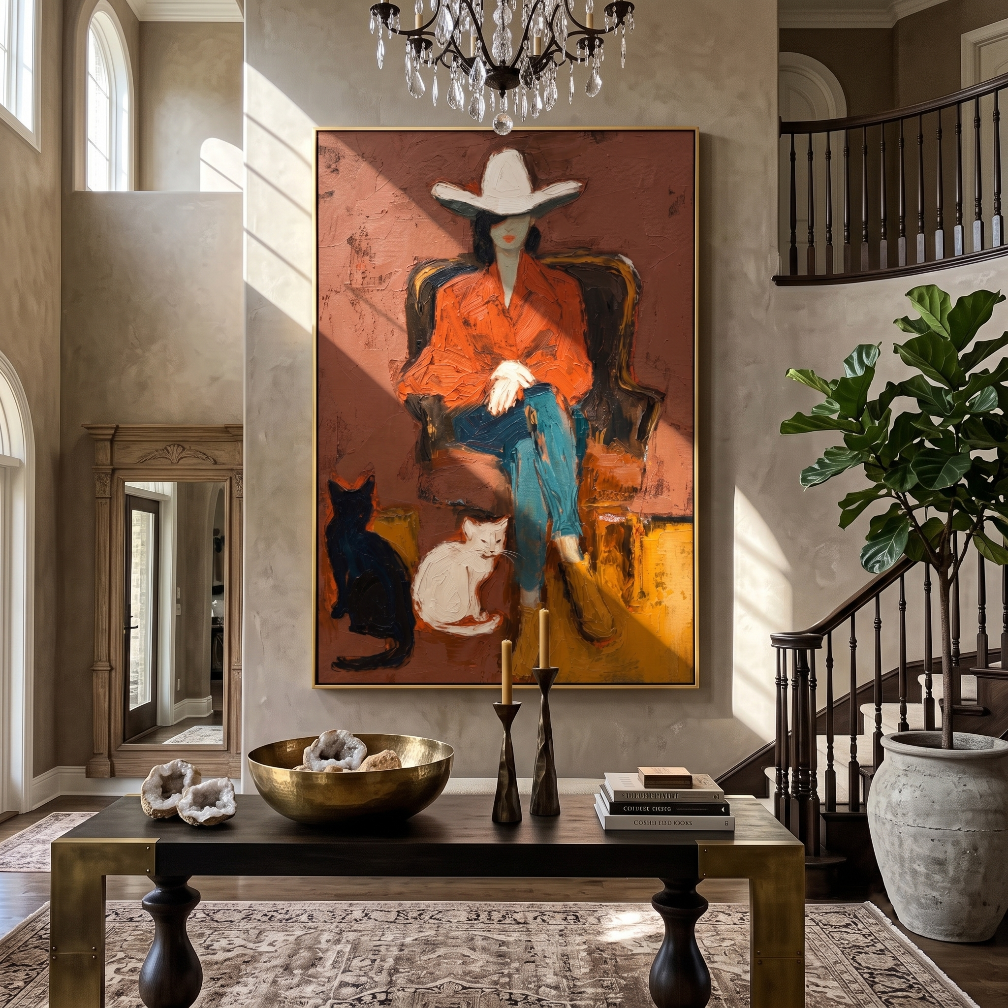 Wild Companions – Cowgirl with Cats Painting | Vintage Americana Vertical Art