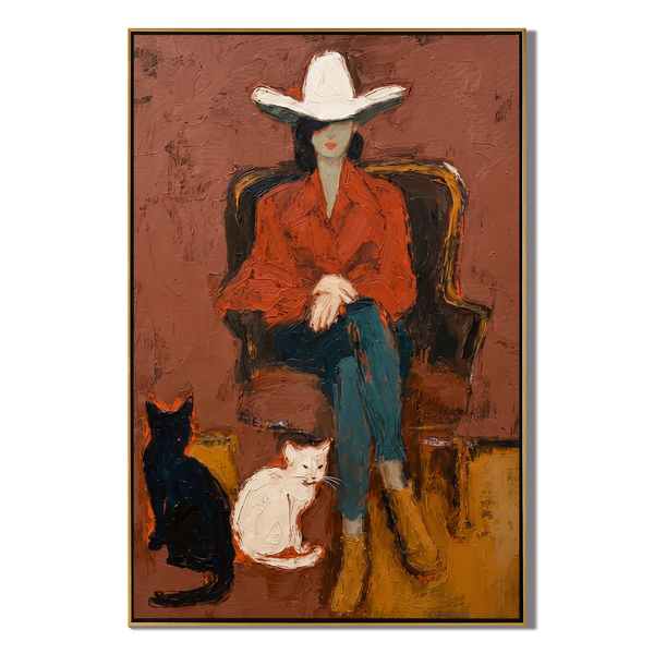 Wild Companions – Cowgirl with Cats Painting | Vintage Americana Vertical Art