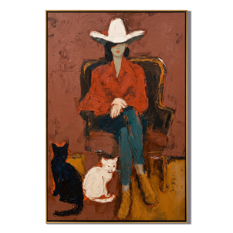 Wild Companions – Cowgirl with Cats Painting | Vintage Americana Vertical Art