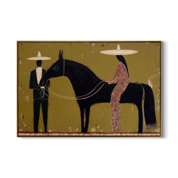 Dusk Riders – Two Figures with Black Horse Painting | Vintage Americana Horizontal Art