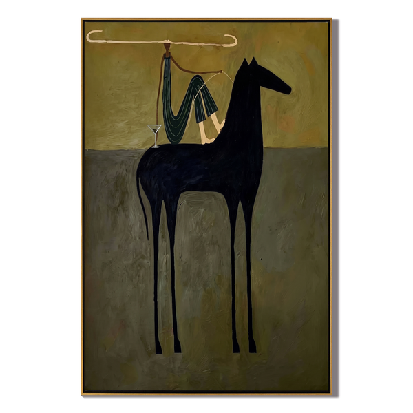 Lasso & Stride – Elongated Horse with Rider Painting | Vintage Americana Vertical Art