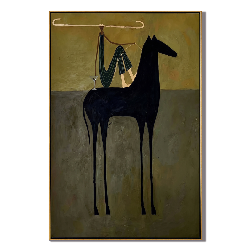 Lasso & Stride – Elongated Horse with Rider Painting | Vintage Americana Vertical Art