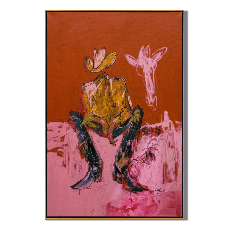 Long Neck Wanderer – Cowboy & Giraffe Painting | Vintage Americana Vertical Art