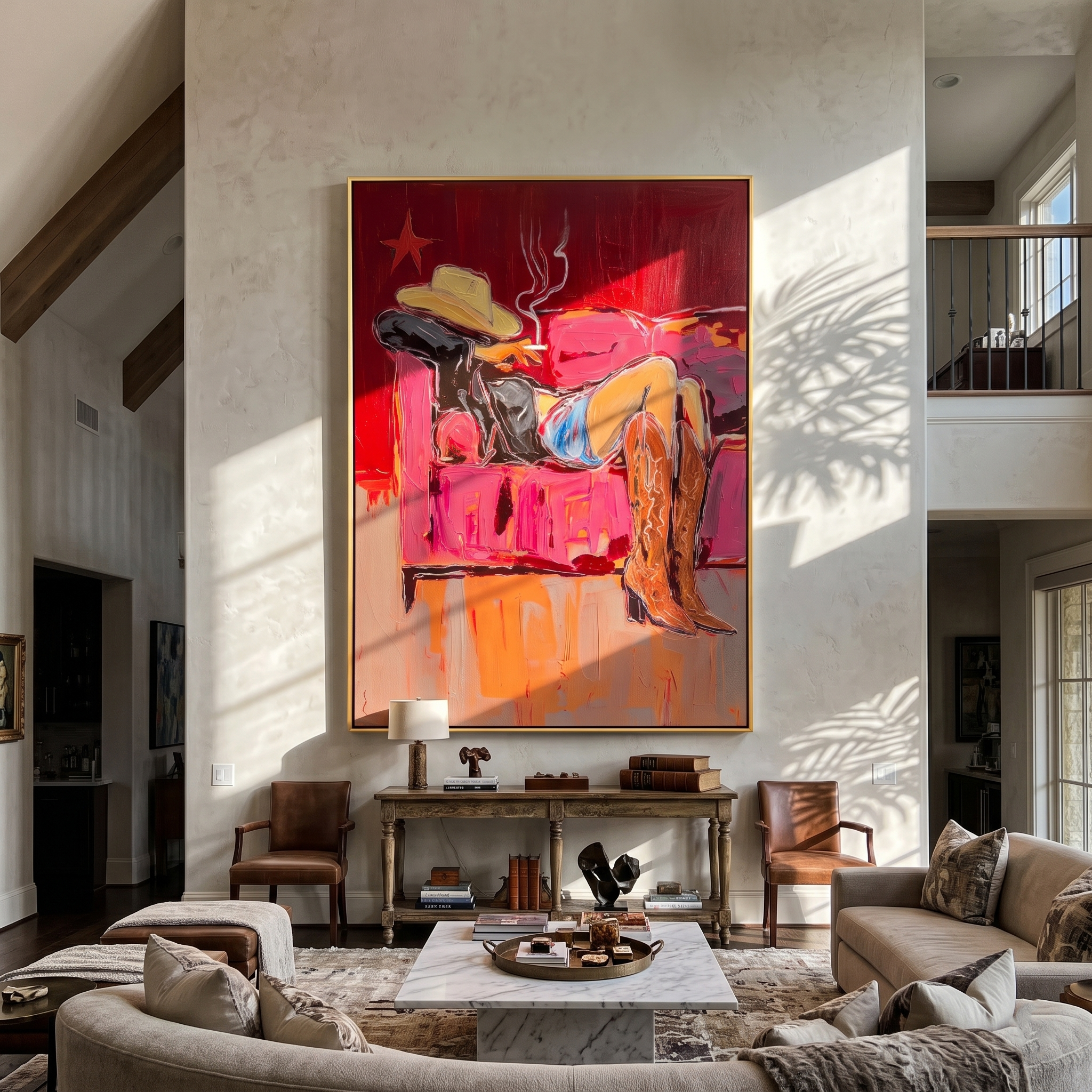 Crimson Leisure – Cowgirl on Sofa with Cigarette Painting | Vintage Americana Vertical Art