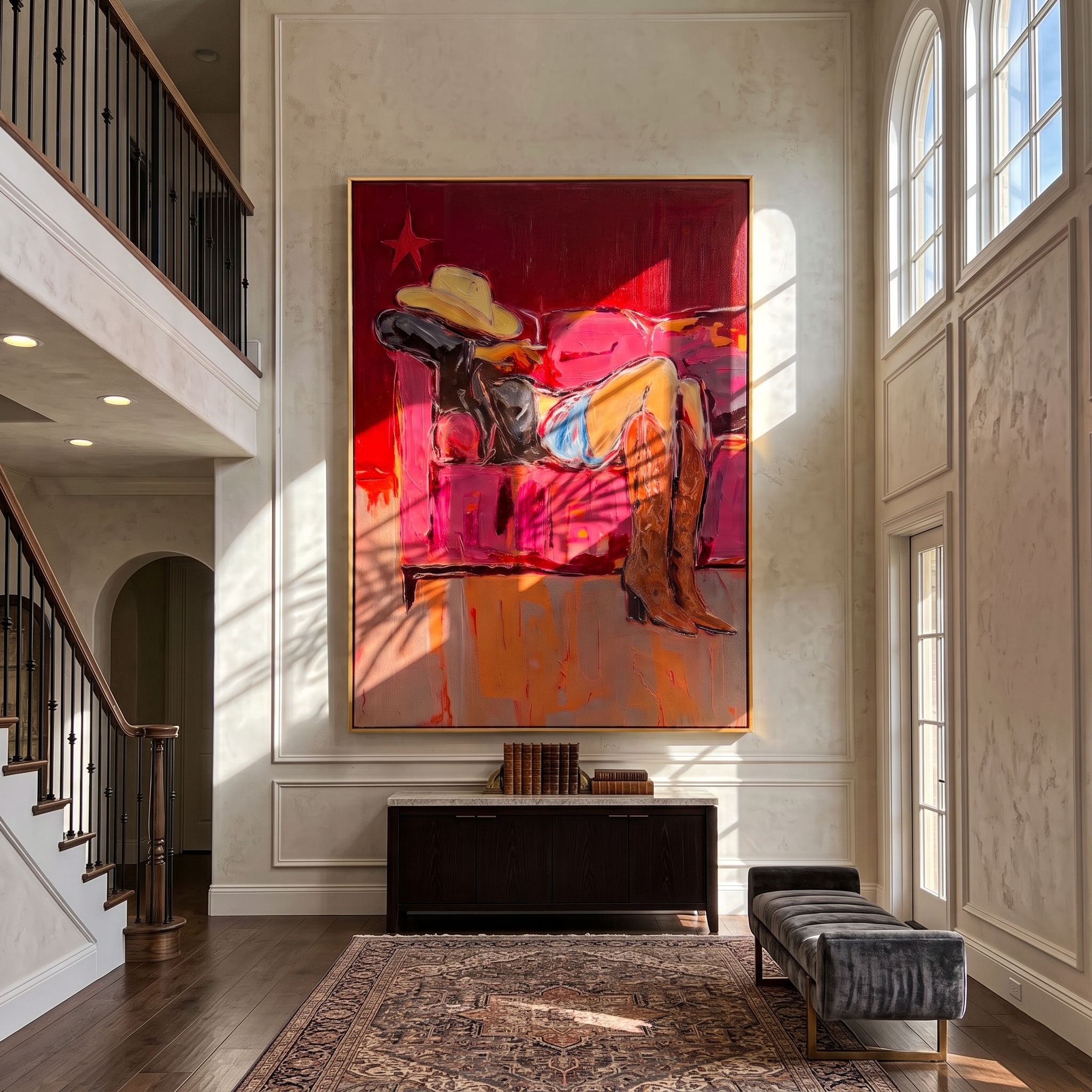 Crimson Leisure – Cowgirl on Sofa with Cigarette Painting | Vintage Americana Vertical Art