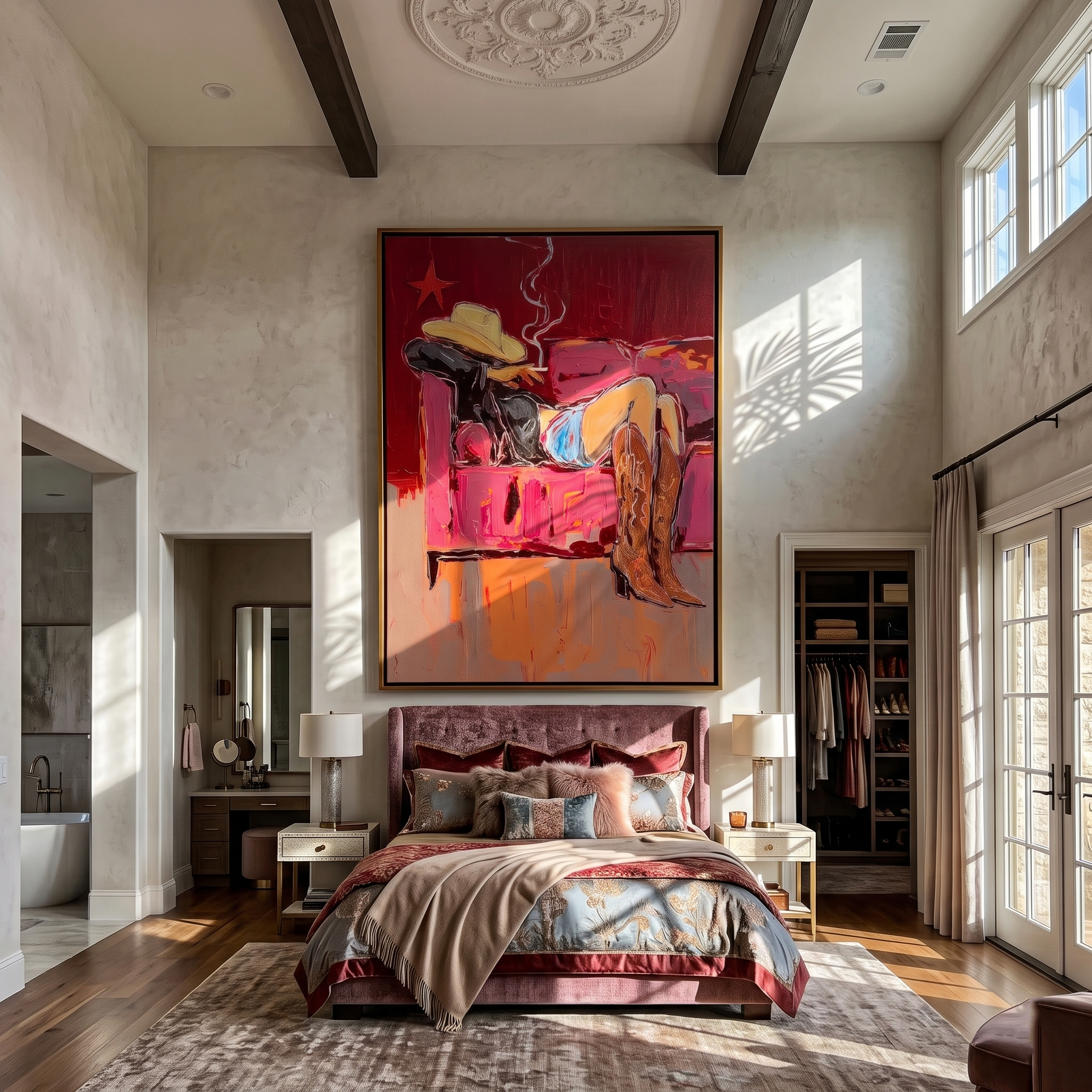 Crimson Leisure – Cowgirl on Sofa with Cigarette Painting | Vintage Americana Vertical Art