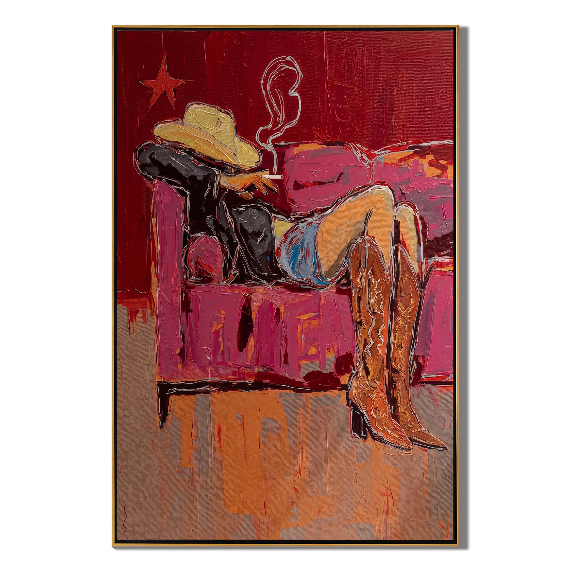 Crimson Leisure – Cowgirl on Sofa with Cigarette Painting | Vintage Americana Vertical Art