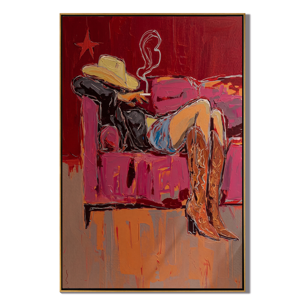 Crimson Leisure – Cowgirl on Sofa with Cigarette Painting | Vintage Americana Vertical Art
