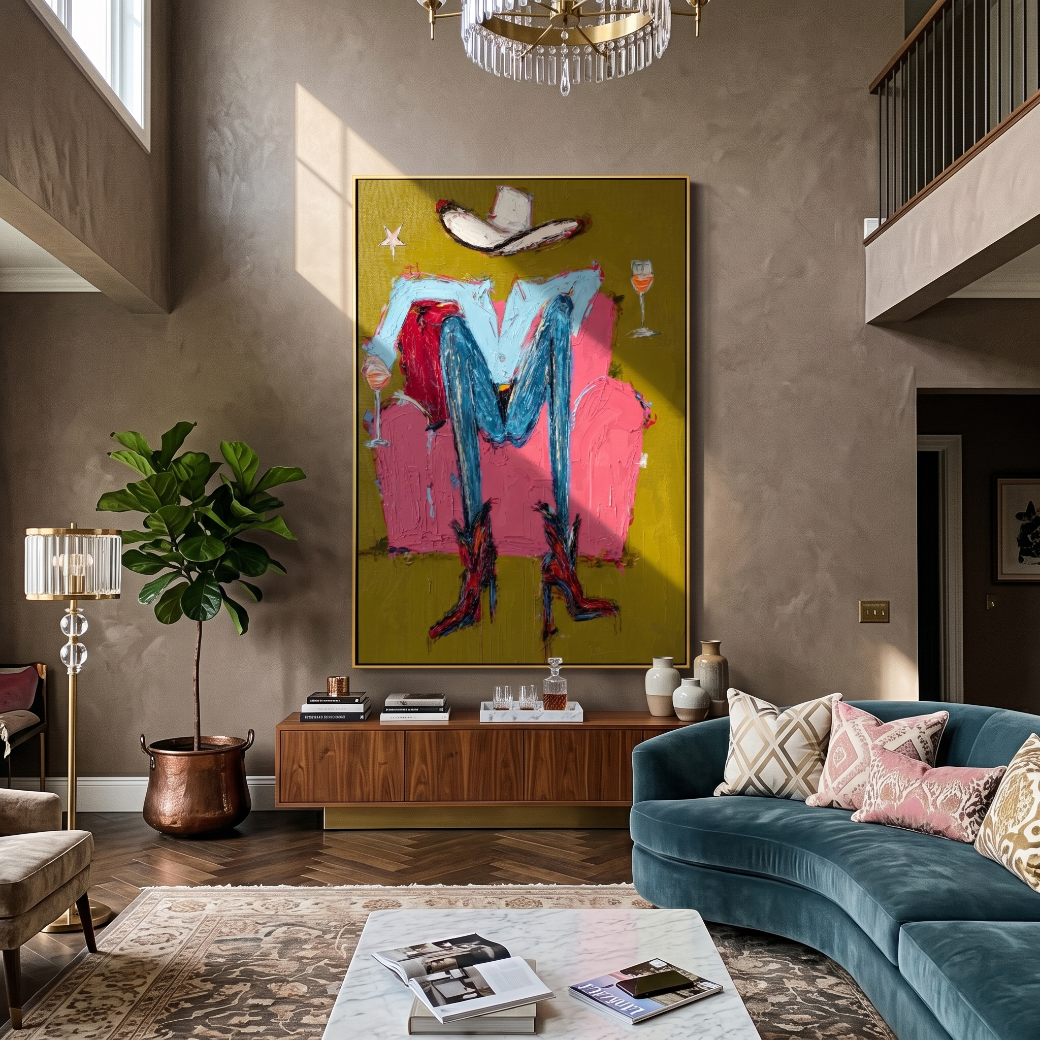 Hat & Heels – Abstract Cowgirl Legs & Wine Painting | Vintage Americana Vertical Art
