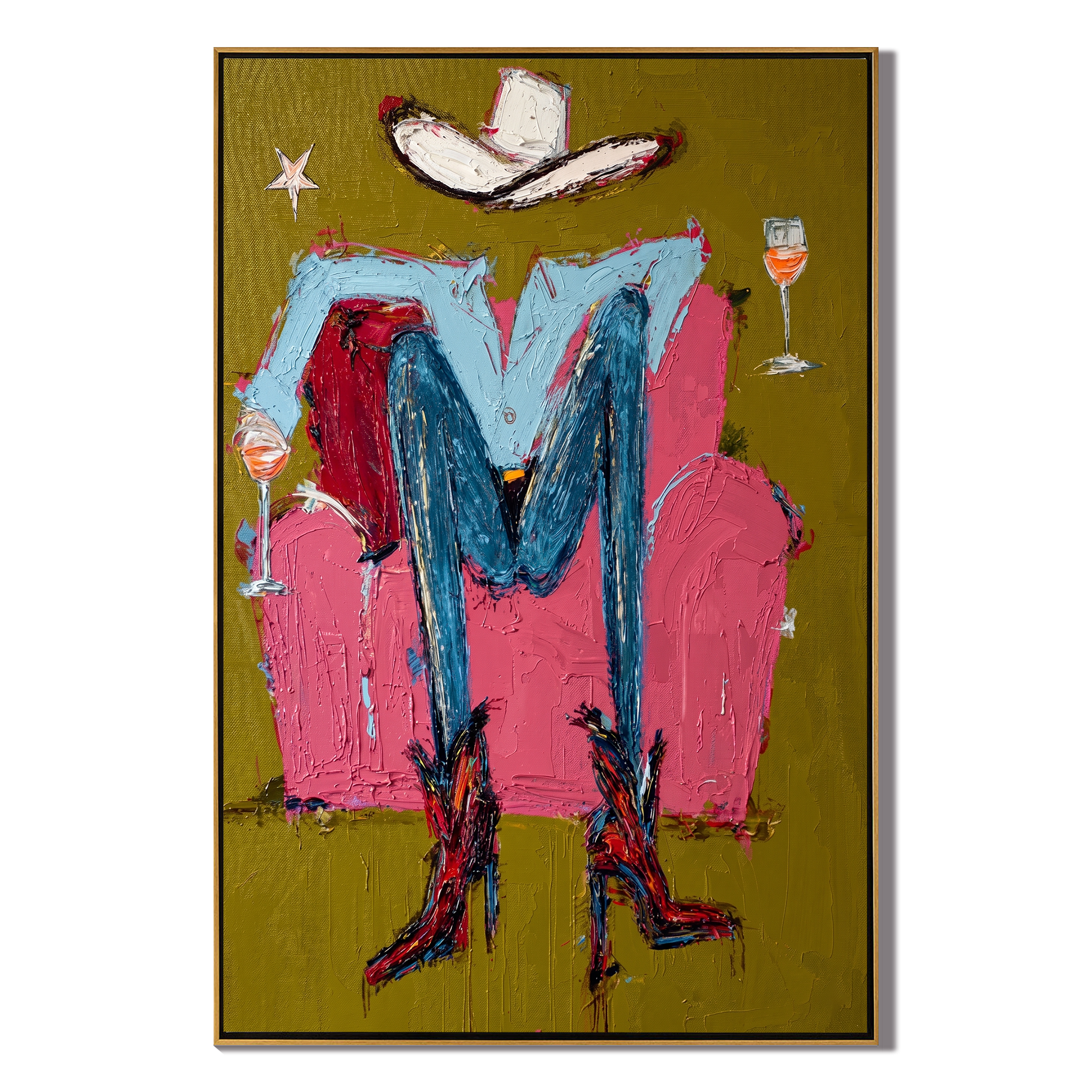 Hat & Heels – Abstract Cowgirl Legs & Wine Painting | Vintage Americana Vertical Art