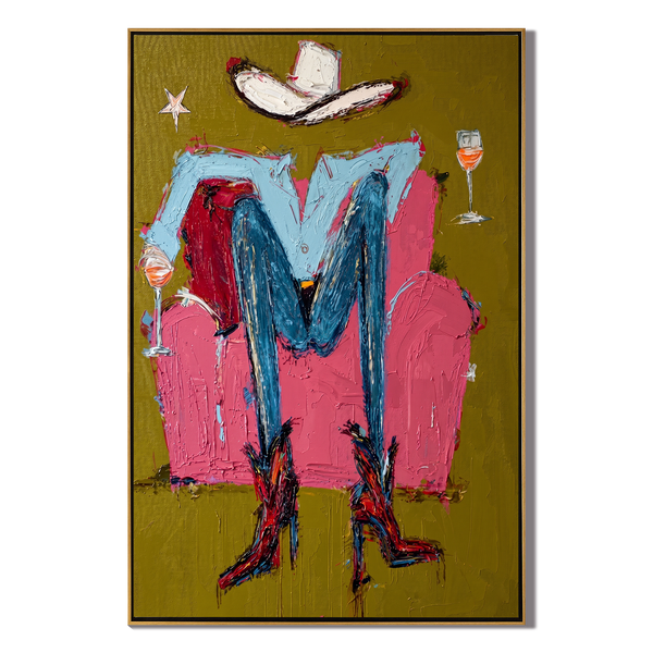 Hat & Heels – Abstract Cowgirl Legs & Wine Painting | Vintage Americana Vertical Art